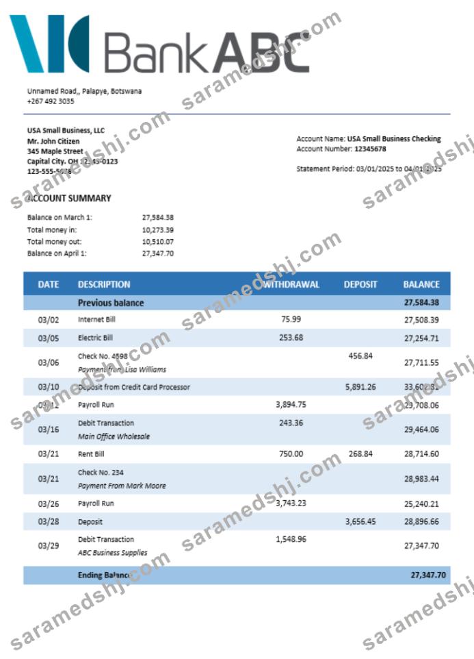 ABC bank company checking account statement Word and PDF template